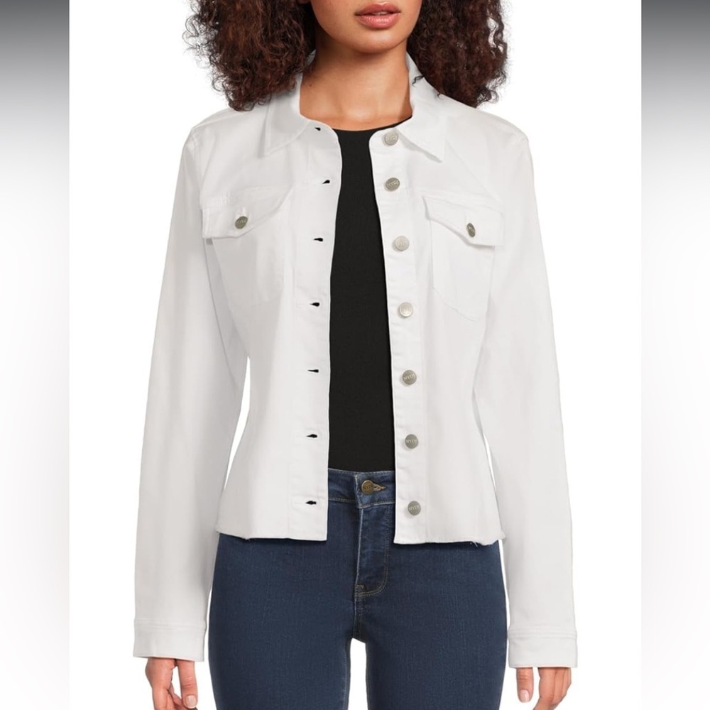 NWOT Women's White Denim Jacket Fitted Silver Buttons Size XS